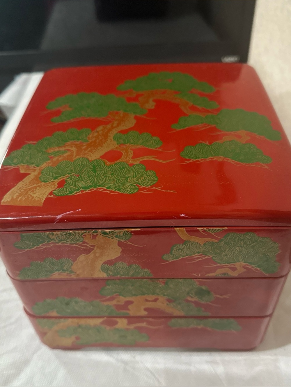 Vintage Japanese Lacquer Jubako Bento Box 3 Tier Red Floral Stacking Box 7"